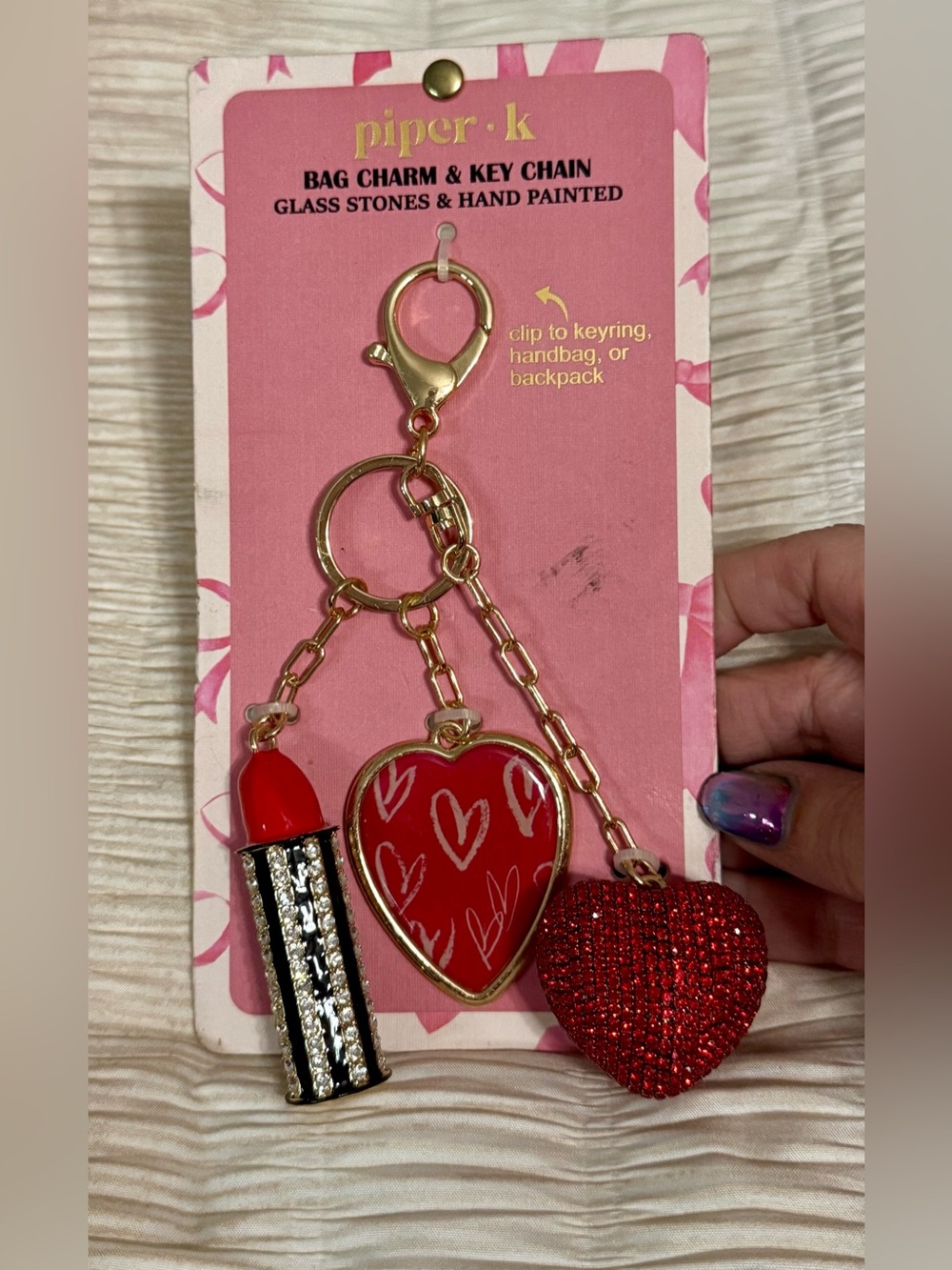 piper•k Red Heart & Lipstick Keychain Bag Charm with Gold-Tone Chain